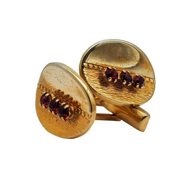 Red Crystal Oval Cufflinks Gold Tone MCM Brushed Polished Metal Mens Jewelry - Picture 1 of 9